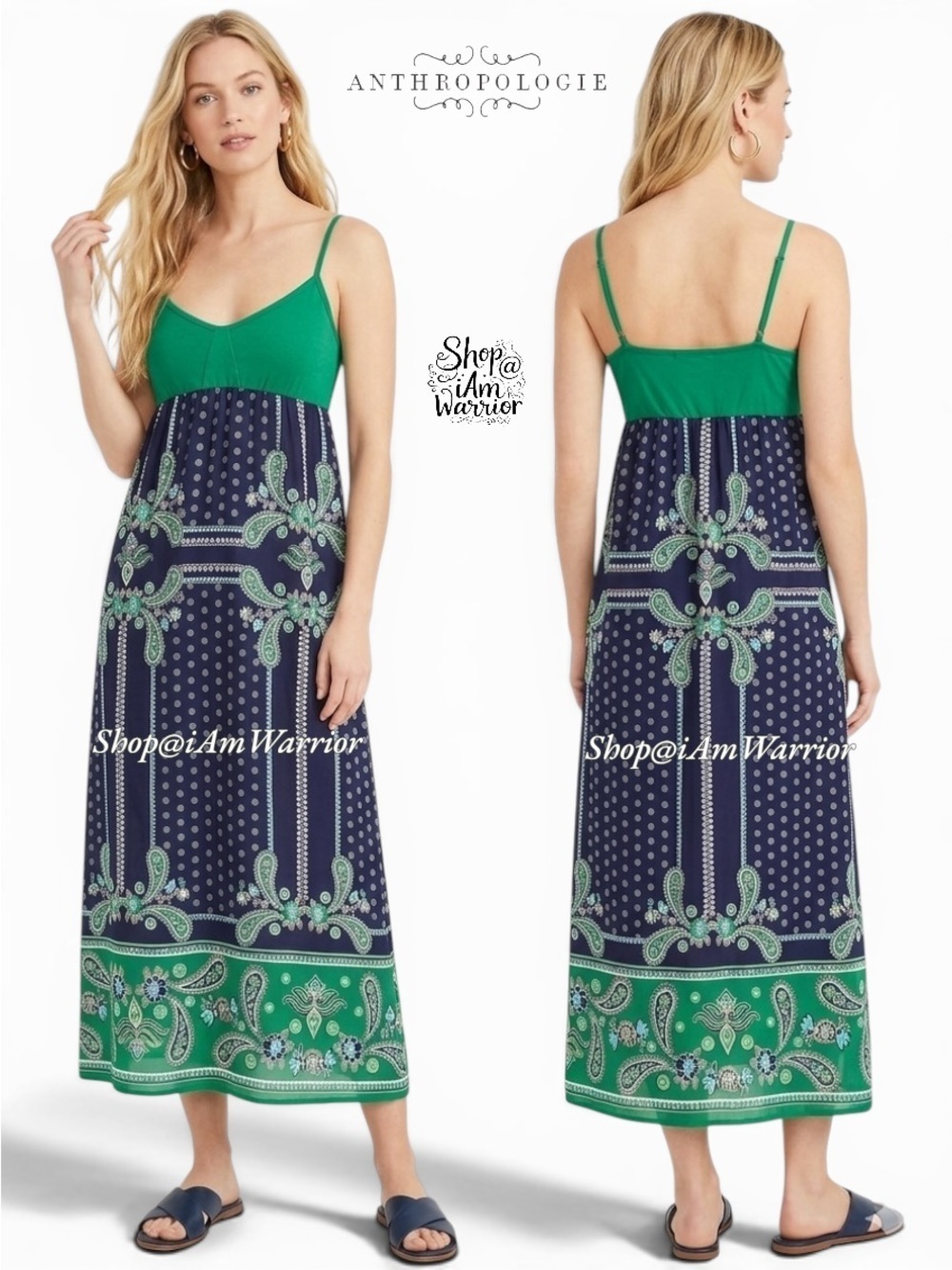 Anthropologie Lilka silk navy/green paisley midi dress *shop@iamwarrior